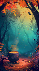 Spooky and Playful Halloween Illustration with Bubbling Cauldron in a Magical Forest, Perfect for Greeting Cards, Digital Backgrounds, and Storytelling