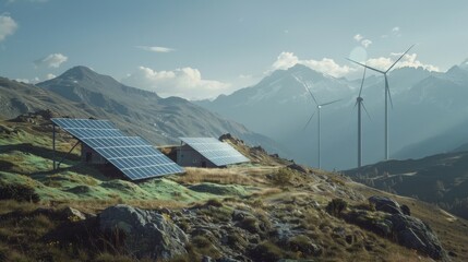 Wind turbine and solar power plant, wind turbine energy, solar energy. Alternative electricity.