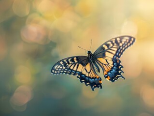 Graceful Butterfly in Flight with Intricate Wing Patterns on Blurred Background