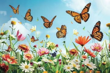 Serene Butterfly Garden Abloom with Various Species Among Vibrant Flowers and Lush Plants