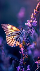 Macro Shot of Butterfly Drinking Nectar from Vibrant Purple Flower