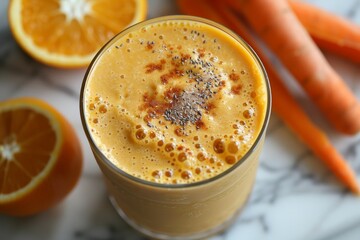 Carrot Orange Smoothie - Bright orange with carrot sticks and an orange slice. 