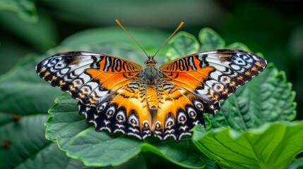 Graceful Butterfly with Vibrant Orange and White Wings Perched on Lush Green Leaf in Nature's Beauty