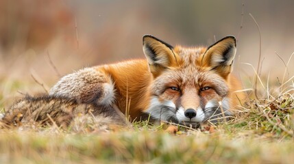 Portrait of red fox (vulpes vulpes) lying in grass
