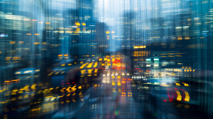 A blurred focus background with cityscape at night with bokeh lights. Urban life and nightlife concept. Cover image for urban lifestyle magazine. Banner with copy space.