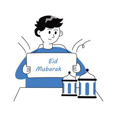 Man holding eid mubarak banner, eid greeting concept illustration