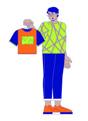 Middle eastern man displeased by new t shirt 2D linear cartoon character. Arab male disliking clothes isolated line vector person white background. Product return color flat spot illustration