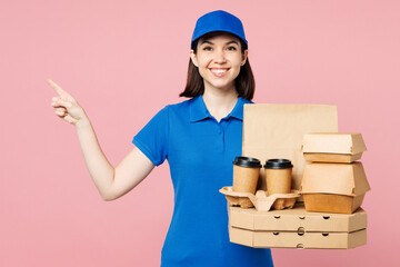 Delivery employee woman wear blue cap t-shirt uniform work as dealer courier hold pizza in paper...