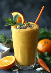 Fototapeta premium Carrot Orange Smoothie - Bright orange with carrot sticks and an orange slice. 