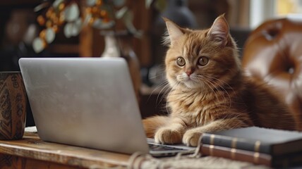 Cat Sitting on Table Next to Laptop