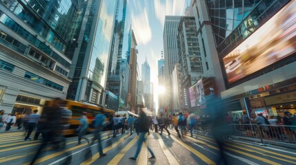 Obraz premium A bustling city street with pedestrians passing by towering skyscrapers