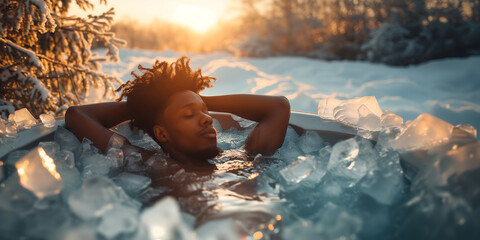 A beautiful African American man with eyes closed immersed  in ice bath, surrounded by nature and glowing sunset.