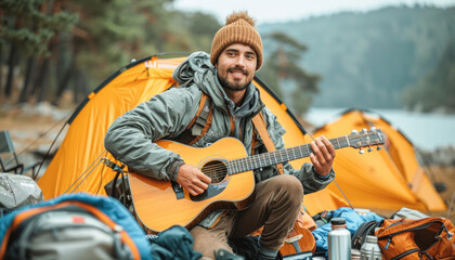 Fototapeta premium A man is playing guitar outside a tent, showcasing his musical skills and talent for music