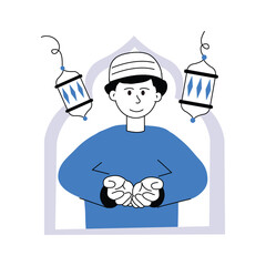 Muslim man doing eid prayer, ready to use character illustration