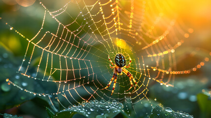 Close-up of intricate spider's web glistening,
A closeup of a spider web covered in dew droplets glistening in the morning sun
