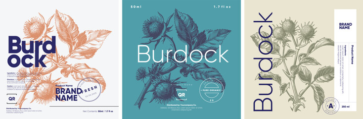 A set of three botanical product labels depicting the burdock plant, each executed in an engraving style with detailed illustrations, presented in blue and beige tones.