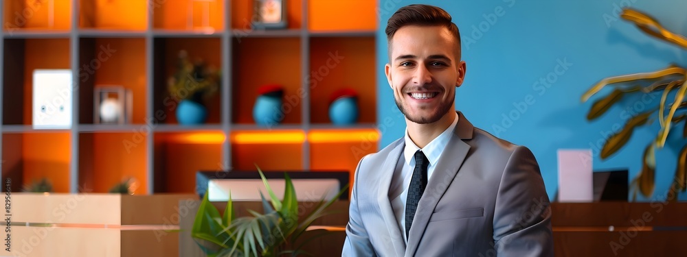 Poster enthusiastic front desk manager excelling in colorful workspace