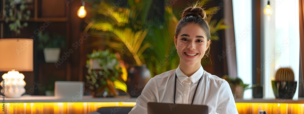 Poster enthusiastic front desk manager excels in colorful office workspace
