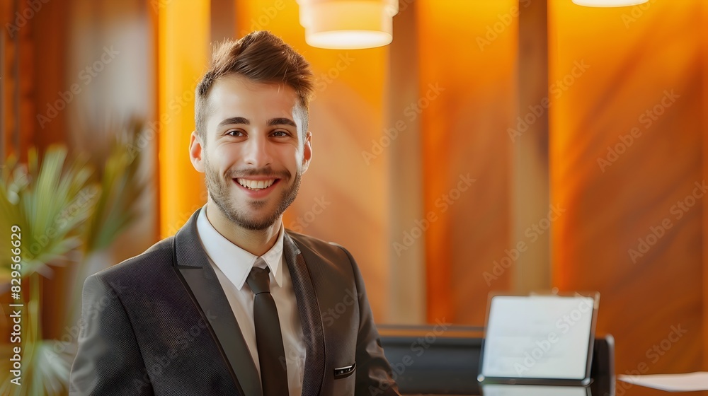 Poster enthusiastic lodging manager at work a vision of professional commitment and guest satisfaction