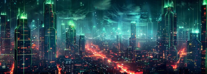 Futuristic Smart Cyber City: Innovative Urban Landscape in Digital Circuitry, futuristic technology concept,  graphic banner design 