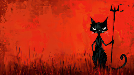 Eerie Black Cat Demon with Horns and Pitchfork, Copyspace on a bright red background