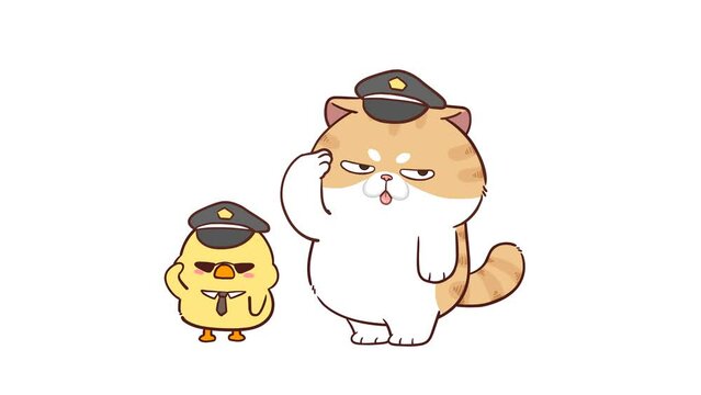 Animated Funny Cat Wearing a Police Hat Saluting - White Background