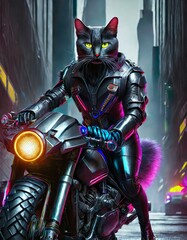 サイバーパンク世界でバイクを運転するパンクな猫1
