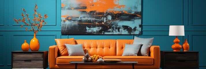 Modern Living Room with Bold Blue and Orange Colors
