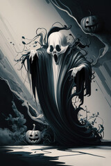 Obraz premium Halloween Ghost with Pumpkins in Spooky Dark Scene for October Holiday Decorations, Design for Posters, Cards