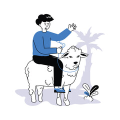 A boy sitting on sheep, playing with animal character illustration