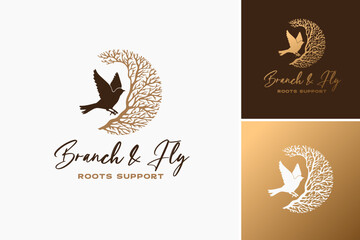 Branch and Fly: Roots Support Logo: A dynamic design featuring a bird in flight from a branch, symbolizing growth and support. Ideal for mentoring programs, career development services.