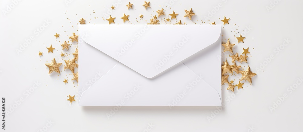 Poster white envelope with festive gold decorations viewed from above featuring a designated area for writi