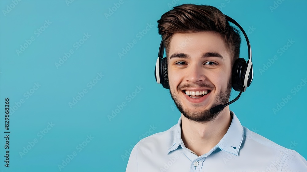 Poster happy young call center representative excelling in dynamic work environment