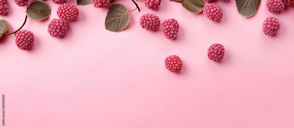Poster top down view of sweet forest berries on a pink backdrop creating a seamless pattern with copy space