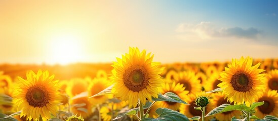 Obraz premium Sunflower field at sunset with a focus on a vibrant yellow flower conveying an agricultural theme with room for text in a banner like copy space image