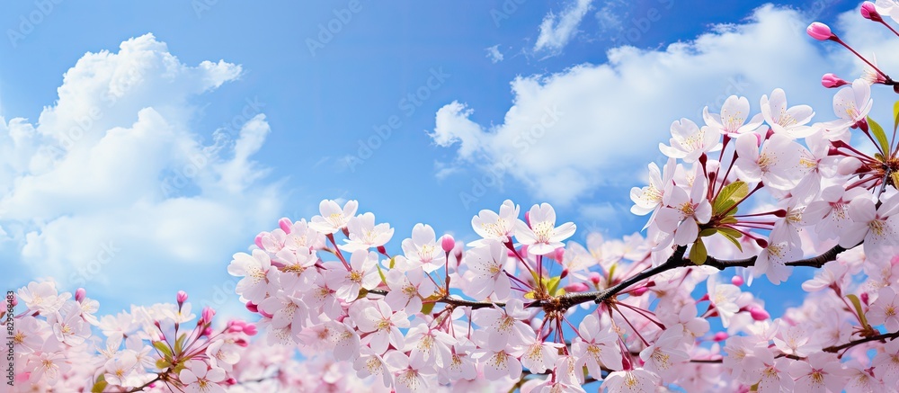 Poster spring flowers in full bloom add color to the landscape against a backdrop of blue sky creating a pi