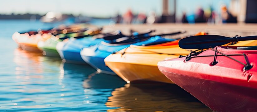 Colorful ocean kayaks lined up on the dock with abstract background Great copy space image