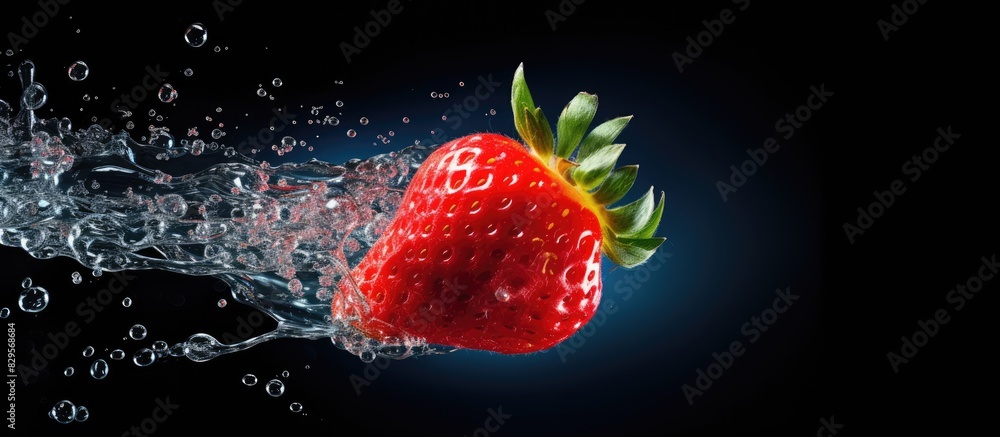Poster Fresh strawberry in flight on black background with copy space image