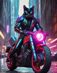 サイバーパンク世界でバイクを運転するパンクな猫2