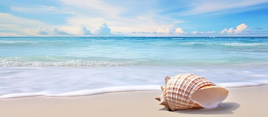 Obraz premium Tropical beach landscape featuring a conch shell with a serene copy space image