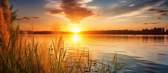 Obraz premium Colorful and vibrant sunset scenery over a serene lake shore with reeds featuring sun rays creating a picturesque scene with copy space image
