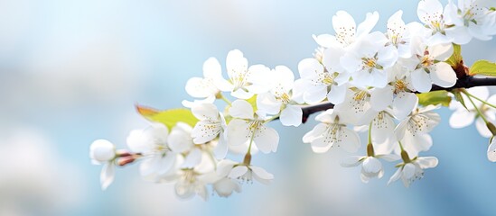 Naklejka premium Spring cherry blossoms white flowers. Copy space image. Place for adding text and design