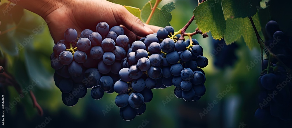 Poster hand holding dark grapes in a garden setting with a rustic atmosphere and copy space image