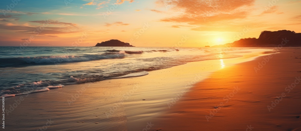 Poster sunset on the beach with a beautiful view and copy space image