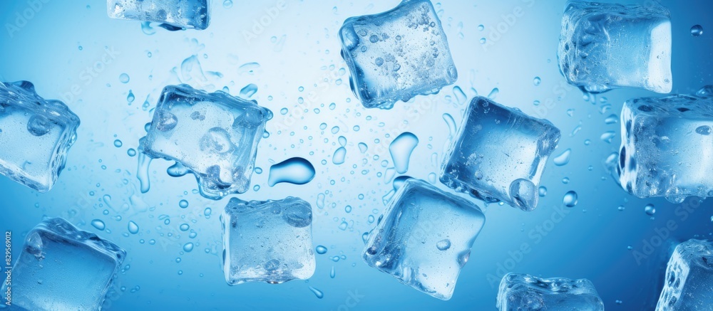Poster top view of ice cubes with water droplets on a blue surface with copy space image