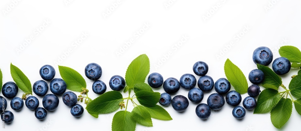 Poster directly above view of blueberries and leaves against a white backdrop with copy space image