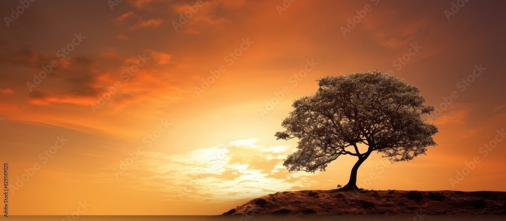 Poster silhouette of a tree with a cloud against a sunset with a copy space image available