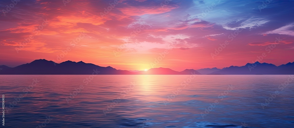 Canvas Prints Scenic sunset over the ocean with vibrant sky hues mountains in the background and ample copy space image