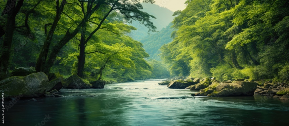 Poster a serene river flowing through a dense forest with a vast expanse of copy space image