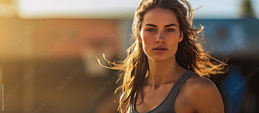 Poster a youthful and stylish female athlete with a basketball in an outdoor setting with room for text or 